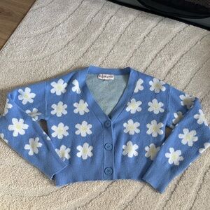 Willow & Wind Y2K Cropped Cardigan Blue and White Daisy Flower Size Small